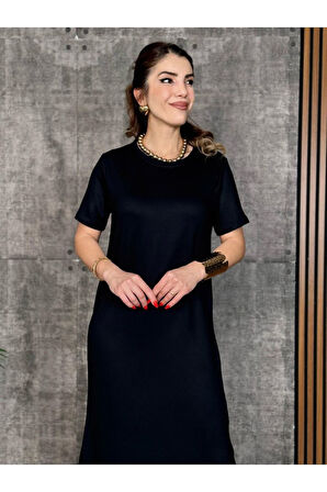 Kadın Kısa Kollu Bisiklet Yaka Yırtmaçlı Viskon Iki Iplik Elbise