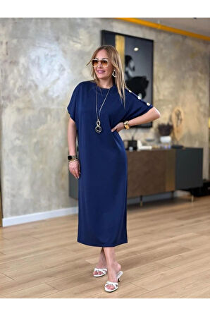 Kadın Kısa Kollu Bisiklet Yaka Omuzdan Düğmeli Uzun Viskon Iki Iplik Elbise