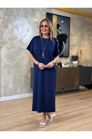 Kadın Kısa Kollu Bisiklet Yaka Omuzdan Düğmeli Uzun Viskon Iki Iplik Elbise