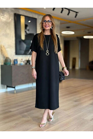 Kadın Kısa Kollu Bisiklet Yaka Omuzdan Düğmeli Uzun Viskon Iki Iplik Elbise