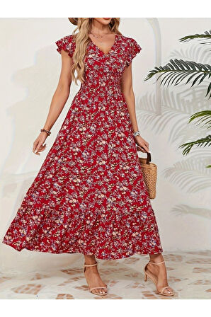 Kadın Kısa Kollu Kruvaze Yaka Beli Lastikli çiçek Desenli Elbise