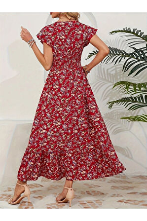 Kadın Kısa Kollu Kruvaze Yaka Beli Lastikli çiçek Desenli Elbise
