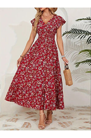 Kadın Kısa Kollu Kruvaze Yaka Beli Lastikli çiçek Desenli Elbise