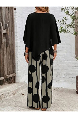 Kadın Truvakar Kol Bisiklet Yaka Asimetrik Dikişsiz Sandy Pelerin Bluz Ve Desenli Pantolon Ikili Ta