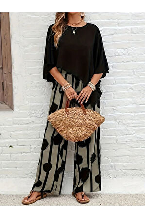 Kadın Truvakar Kol Bisiklet Yaka Asimetrik Dikişsiz Sandy Pelerin Bluz Ve Desenli Pantolon Ikili Ta