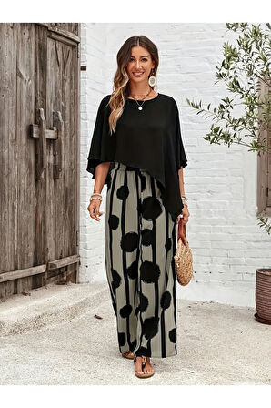 Kadın Truvakar Kol Bisiklet Yaka Asimetrik Dikişsiz Sandy Pelerin Bluz Ve Desenli Pantolon Ikili Ta