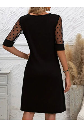 Kadın Puantiyeli Tül Kollu Bisiklet Yaka Janjan Krep Elbise