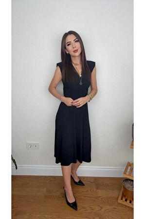 Kadın Kısa Kollu Kruvaze Yakalı Bel Korsajı Buzgulu Midi Janjan Krep Elbise