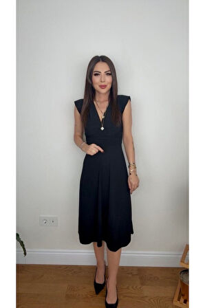 Kadın Kısa Kollu Kruvaze Yakalı Bel Korsajı Buzgulu Midi Janjan Krep Elbise