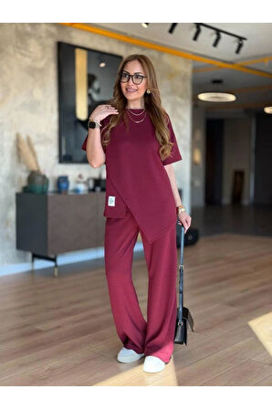 Kadın Kısa Kollu Bisiklet Yaka Asimetrik Viskon Iki Iplik Bluz Ve Pantolon Ikili Takım