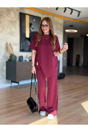 Kadın Kısa Kollu Bisiklet Yaka Asimetrik Viskon Iki Iplik Bluz Ve Pantolon Ikili Takım