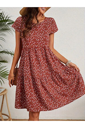 Kadın Kısa Kollu Bisiklet Yaka çiçek Desenli Süprem Elbise