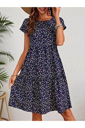 Kadın Kısa Kollu Bisiklet Yaka çiçek Desenli Süprem Elbise