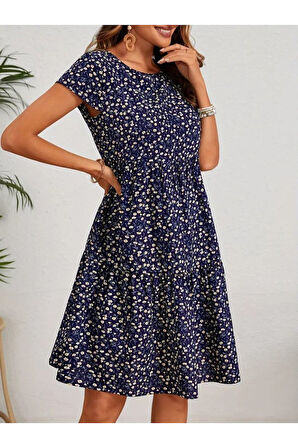 Kadın Kısa Kollu Bisiklet Yaka çiçek Desenli Süprem Elbise