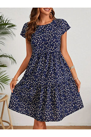 Kadın Kısa Kollu Bisiklet Yaka çiçek Desenli Süprem Elbise