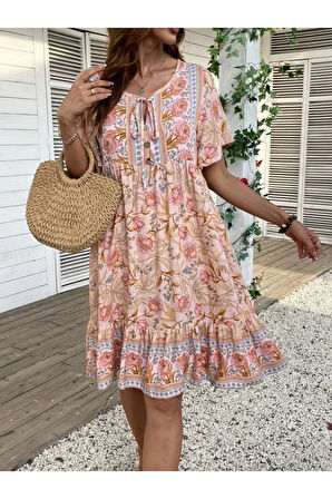 Kadın Kısa Kollu Yakası Bağcıklı önden Düğmeli Fırfır Desenli Süprem Elbise