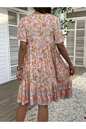 Kadın Kısa Kollu Yakası Bağcıklı önden Düğmeli Fırfır Desenli Süprem Elbise