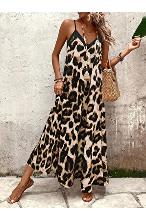 Kadın Ip Askılı Geniş V Yakalı Leopar Desenli Süprem Elbise
