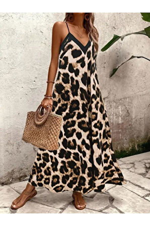 Kadın Ip Askılı Geniş V Yakalı Leopar Desenli Süprem Elbise