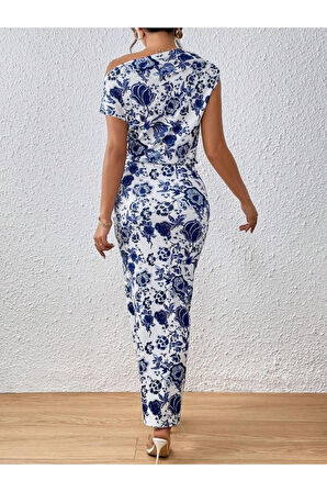 Kadın Tek Omuzu Açık Yırtmaçlı çiçek Desenli Süprem Elbise