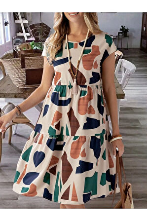 Kadın Kısa Kollu Bisiklet Yaka Desenli Fırfırlı Süprem Elbise