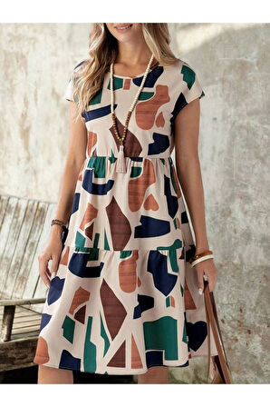 Kadın Kısa Kollu Bisiklet Yaka Desenli Fırfırlı Süprem Elbise