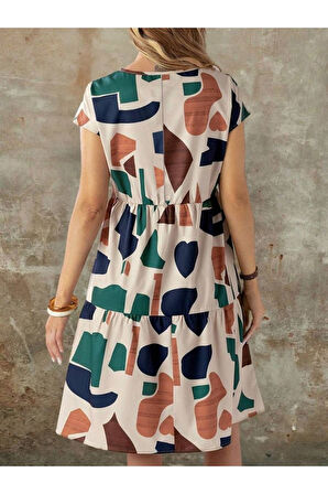 Kadın Kısa Kollu Bisiklet Yaka Desenli Fırfırlı Süprem Elbise