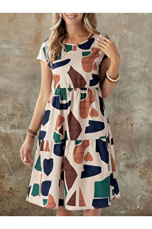 Kadın Kısa Kollu Bisiklet Yaka Desenli Fırfırlı Süprem Elbise
