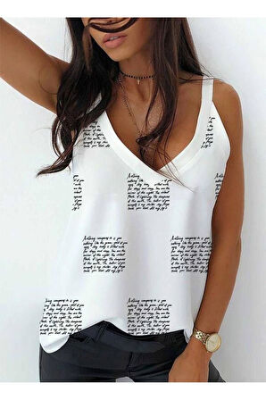 Kadın Omuz Askılı V Yaka Dijital Baskı Detay Mikro Kumaş Bluz