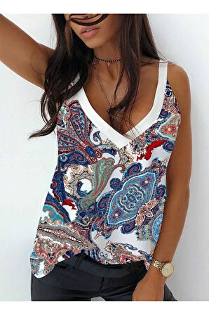 Kadın Omuz Askılı V Yaka Dijital Baskı Detay Mikro Kumaş Bluz