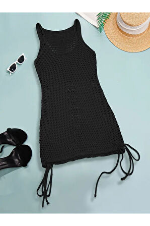 Kadın Askılı Eteği Büzgü Bağlama Detay Delikli örme Triko Pareo Elbise