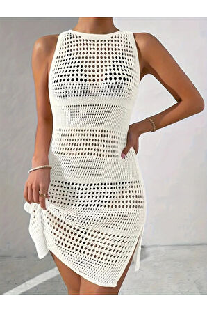 Kadın Askılı Derin Sırt Dekolteli Ajurlu Triko Pareo