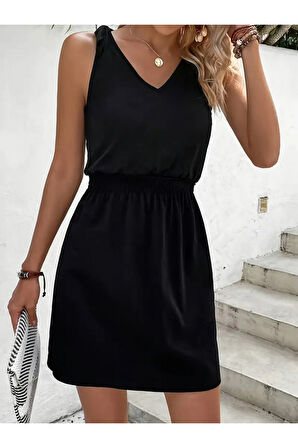 Kadın V Yakalı Belinde Gipe Detay Krep Elbise