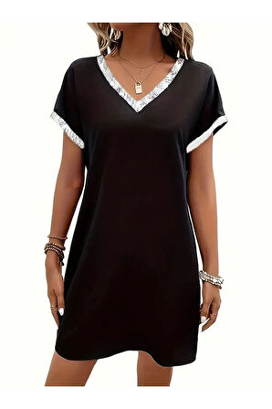 Kadın Kısa Kollu V Yakalı Janjan Krep Elbise