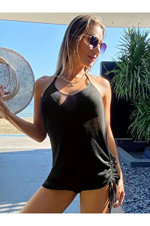 Kadın Eteği Büzgü Detay Boyundan Bağlamalı Mini Triko Pareo