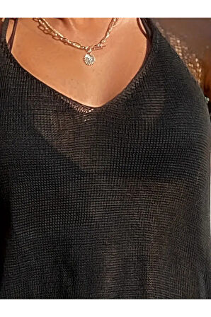 Kadın Eteği Büzgü Detay Boyundan Bağlamalı Mini Triko Pareo