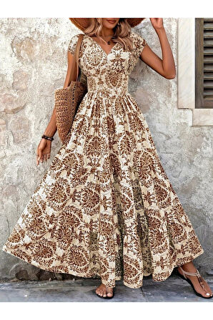 Kadın Kısa Kollu Kruvaze Yaka Beli Lastikli Süprem Maksi Boy Elbise