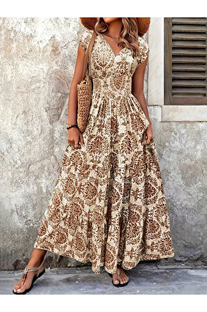 Kadın Kısa Kollu Kruvaze Yaka Beli Lastikli Süprem Maksi Boy Elbise