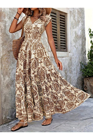 Kadın Kısa Kollu Kruvaze Yaka Beli Lastikli Süprem Maksi Boy Elbise