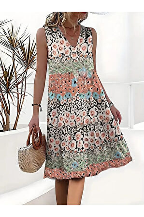 Kadın Kolsuz V Yaka çiçek Desenli Süprem Elbise