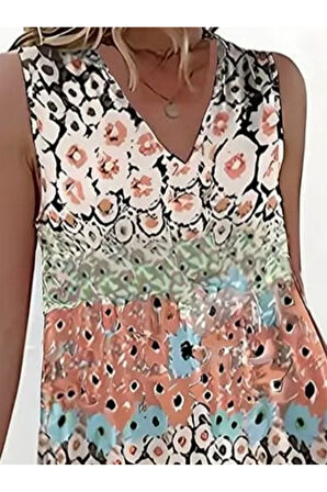 Kadın Kolsuz V Yaka çiçek Desenli Süprem Elbise