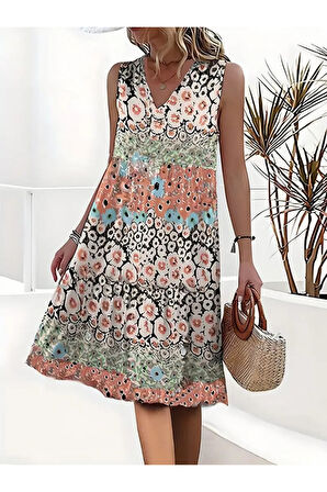 Kadın Kolsuz V Yaka çiçek Desenli Süprem Elbise