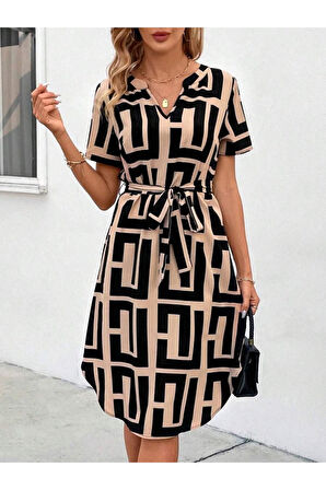 Kadın Kısa Kollu V Yakalı Desenli Kuşaklı Süprem Elbise
