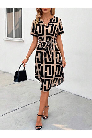 Kadın Kısa Kollu V Yakalı Desenli Kuşaklı Süprem Elbise