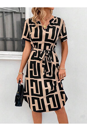 Kadın Kısa Kollu V Yakalı Desenli Kuşaklı Süprem Elbise