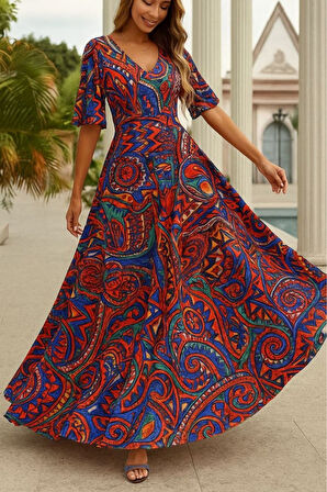 Kadın Kısa Kollu V Yakalı Desenli Süprem Elbise