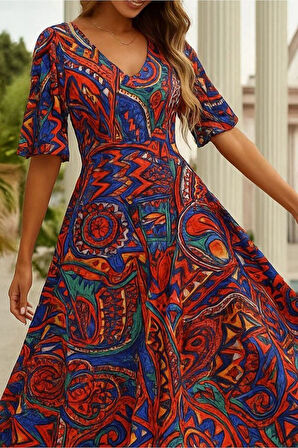 Kadın Kısa Kollu V Yakalı Desenli Süprem Elbise