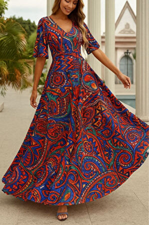 Kadın Kısa Kollu V Yakalı Desenli Süprem Elbise