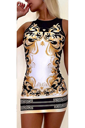 Kadın Sıfır Kollu Bisiklet Yaka Dijital Baskı Dalgıç Mini Elbise