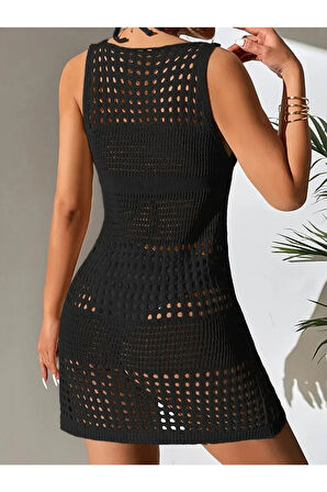 Kadın Kolsuz Delikli örgü Detay Mini Triko Pareo Elbise